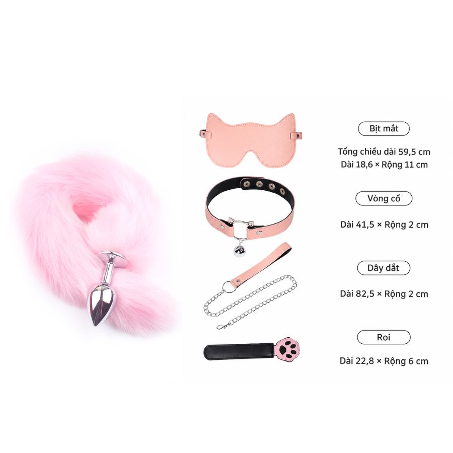 Set Mèo Hồng Cosplay Babyboo 5 Món -  Đuôi Cáo, Vòng Cổ, Dây Dắt, Bịt Mắt & Roi