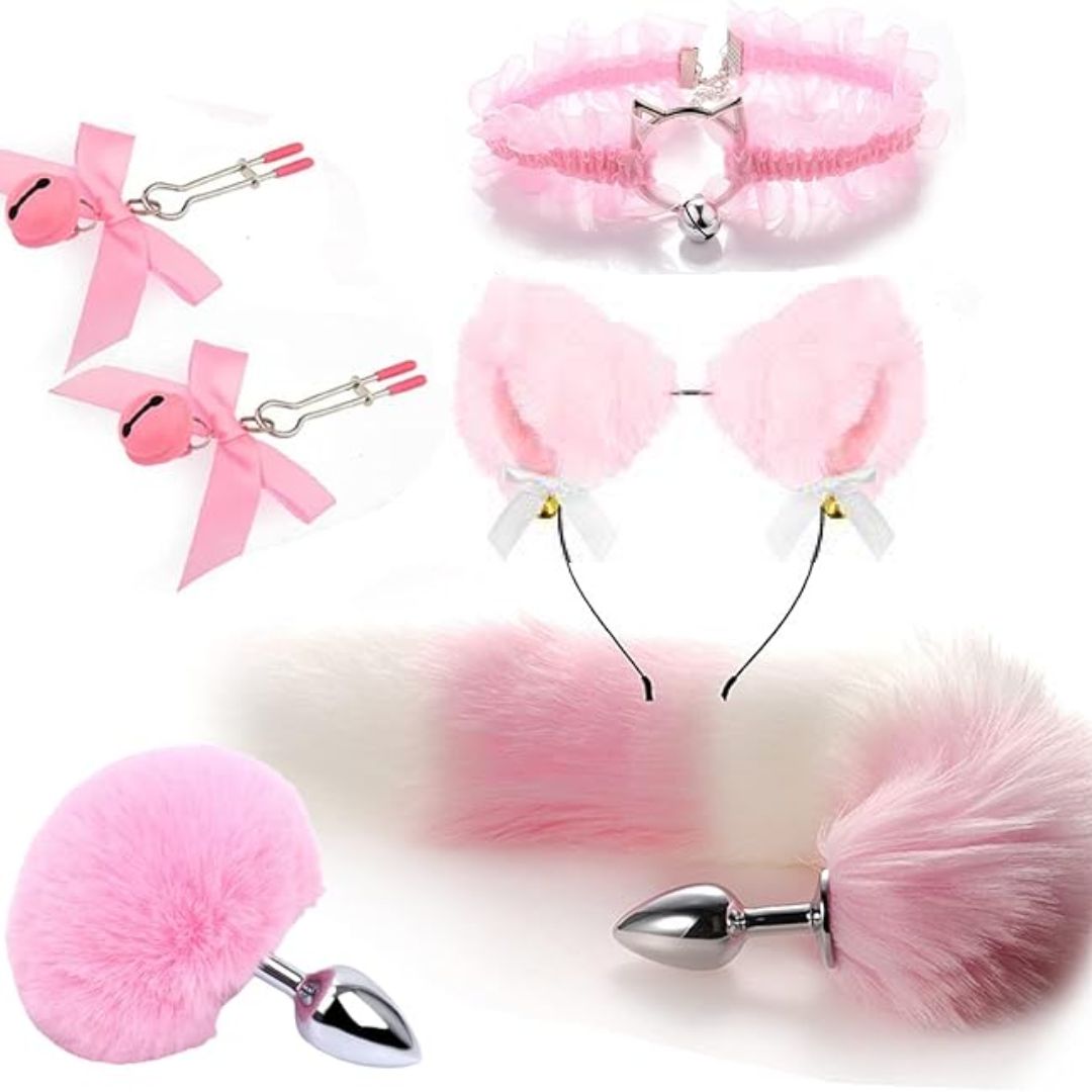 Set 6 Món Đuôi Cáo Cosplay "Thỏ Ngọc Dễ Thương" Gồm: Tai Mèo, Vòng Cổ Chuông, Kẹp Hoa, Đuôi Cáo Và Đuôi Thỏ