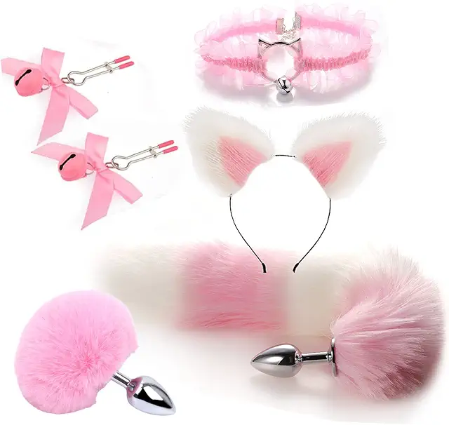 Set 6 Món Đuôi Cáo Cosplay "Thỏ Ngọc Dễ Thương" Gồm: Tai Mèo, Vòng Cổ Chuông, Kẹp Hoa, Đuôi Cáo Và Đuôi Thỏ