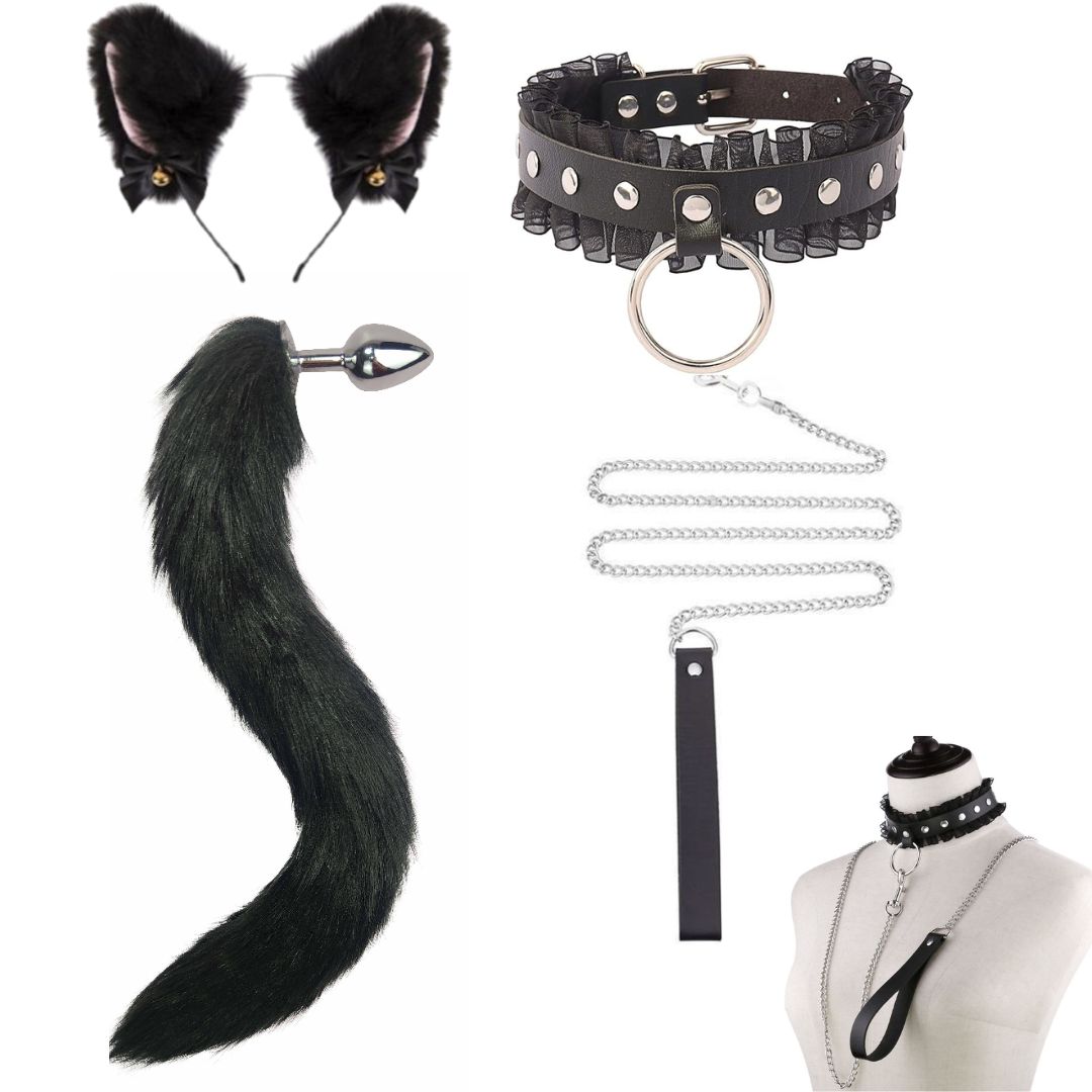 Set 4 Món Vòng Cổ Kèm Dây Dắt Đuôi Cáo Cosplay Gồm: Bờm Tai Mèo, Dây Dắt Và Đuôi Cáo