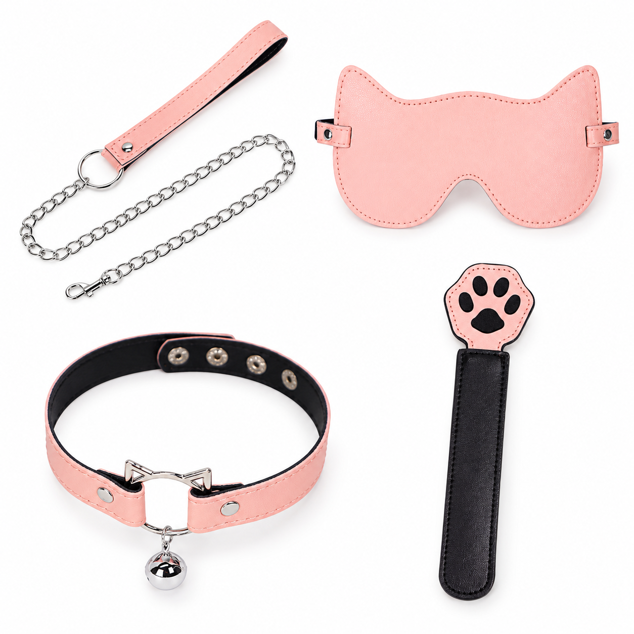 Set 4 Món BDSM Mèo Cute – Bịt Mắt, Vòng Cổ, Dây Dắt & Roi