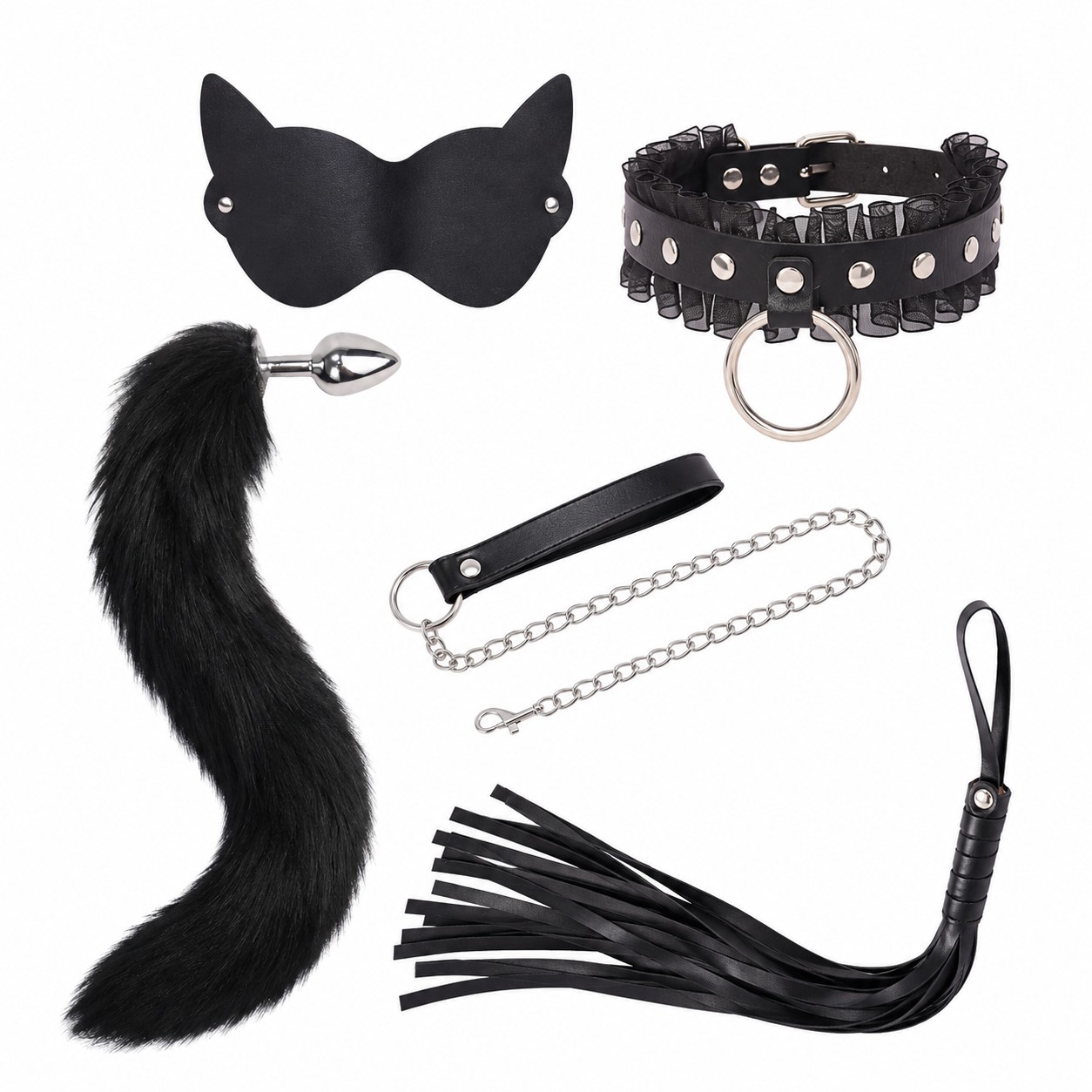 Set 5 Món Mèo Cosplay Nữ Hoàng Gồm: Đuôi Cáo, Bịt Mắt, Vòng Cổ, Dây Dắt & Roi