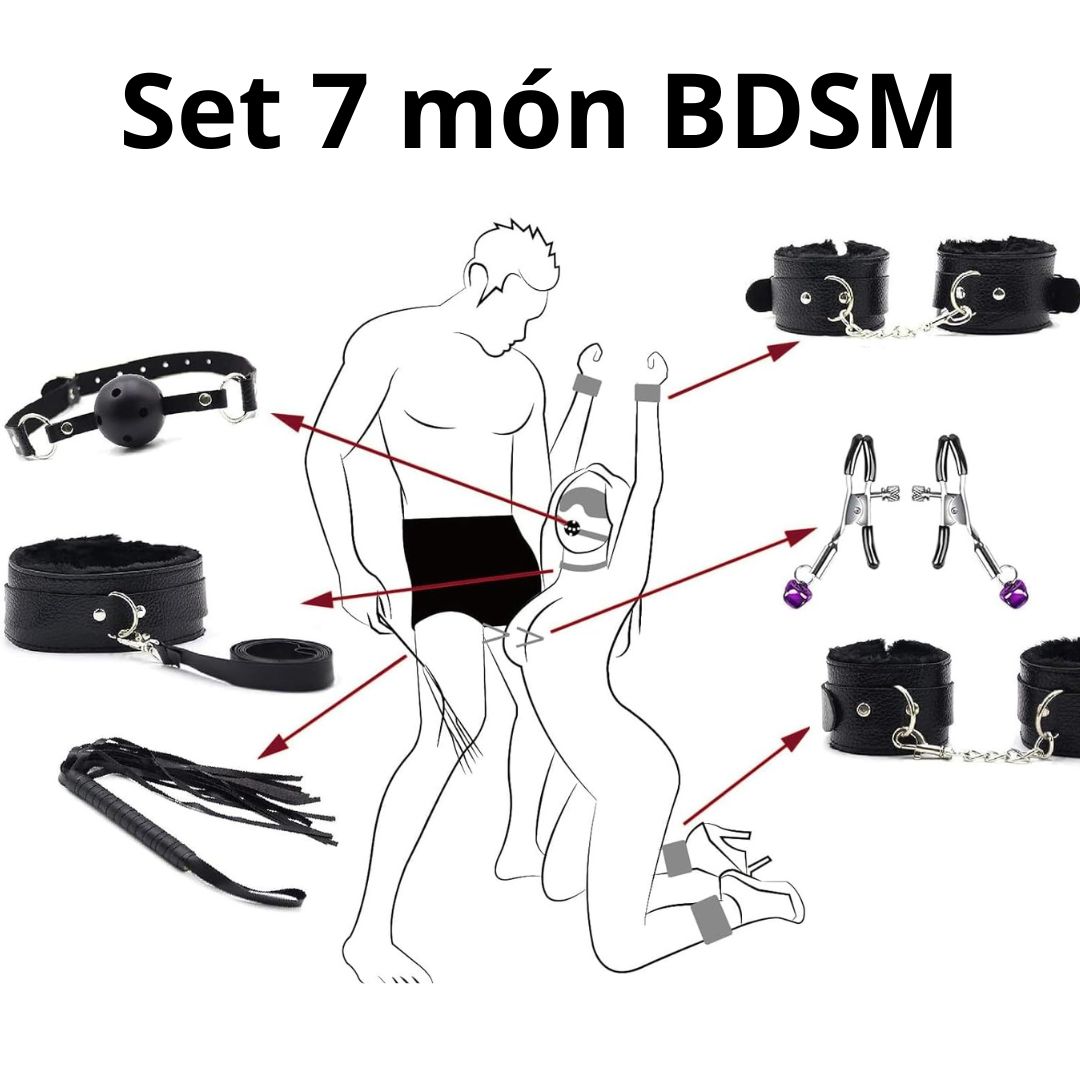 Set 7 Món BDSM Nhập Vai Gồm Còng Tay, Còng Chân, Bịt Miệng, Vòng Cổ & Roi