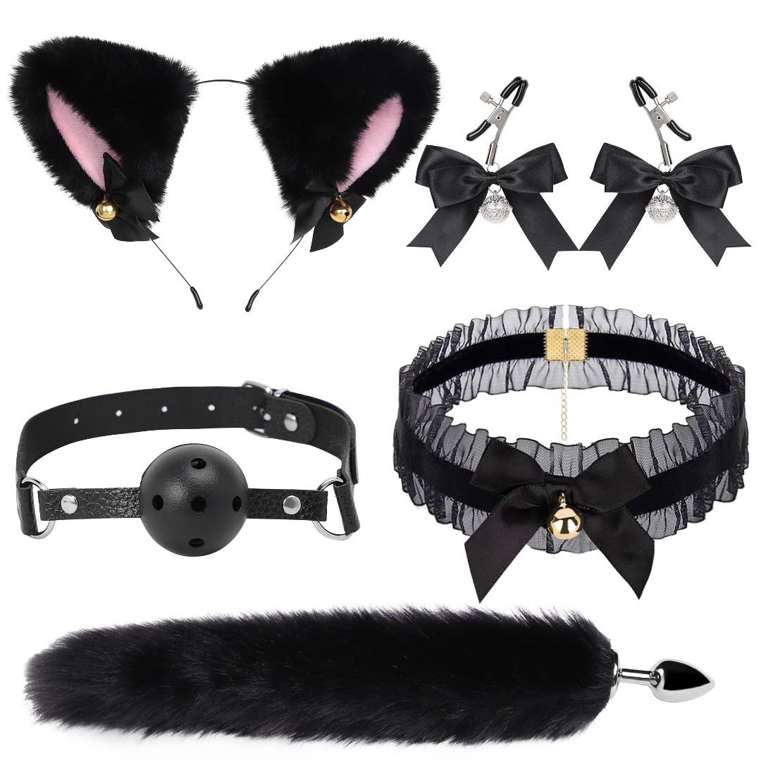 Set 5 Món Đuôi Cáo Cosplay Nhập Vai "Nữ Phản Diện" Gồm: Bờm Tai Mèo, Vòng Cổ, Kẹp Ti, Đuôi Cáo, Ball Gag