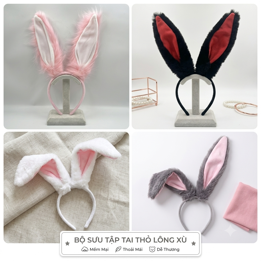 Bờm Tóc Tai Thỏ Lông Xù Lông Cừu Dễ Thương Cài Tóc Cosplay, Bờm Hóa Trang Phong Cách Hàn Quốc (4 Màu)