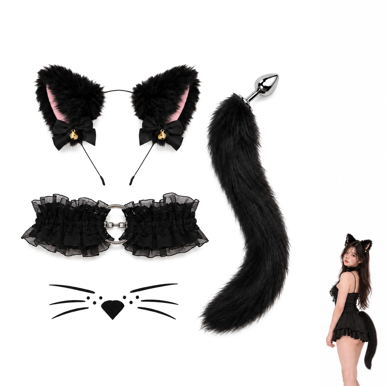 Set 4 Món Mèo Babyboo Cat Cosplay Gồm: Băng Đô Tai Mèo, Đuôi Cáo, Nơ Cổ & Sticker Râu Mèo