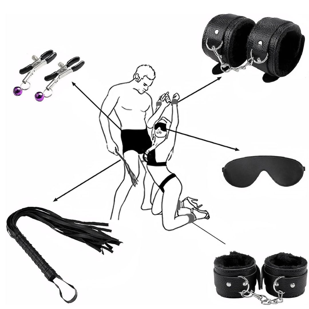 Set  5 Món BDSM Gồm Còng Tay, Còng Chân, Bịt Mắt, Roi Da & Kẹp Ngực