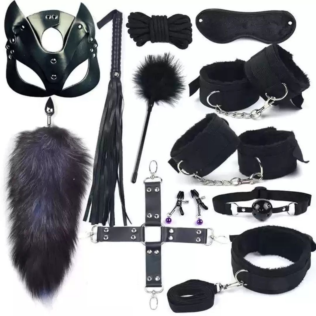 Set 10 Món Đuôi Cáo Xù Cosplay "Nữ Hoàng Bóng Đêm" Gồm: Mặt Nạ, Đuôi Cáo Xù Cao Cấp, Còng Tay, Còng Chân, Vòng Cổ, Ball Gag, Roi Da, Bịt Mắt, Dây Trói Và Kẹp Ti