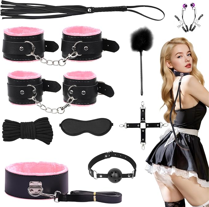 Combo BDSM 10 món, Set đồ chơi bạo dâm 10 món có lót lông cosplay, chơi bdsm dành cho người mới