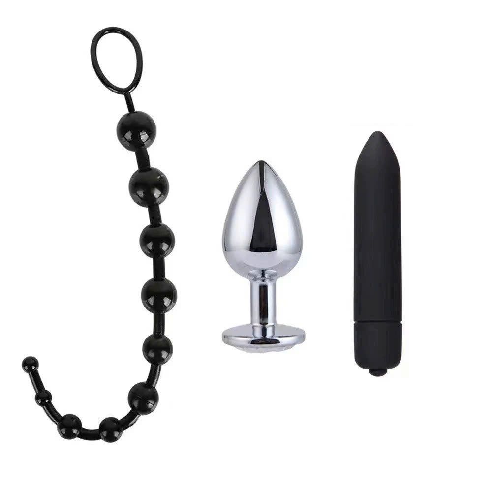 Bộ Chuỗi Hạt Silicone + Trứng Rung Mini + Phích cắm Inox hậu môn - Nút bịt, chặn hậu môn Anal Butt Plug (màu ngẫu nhiên)