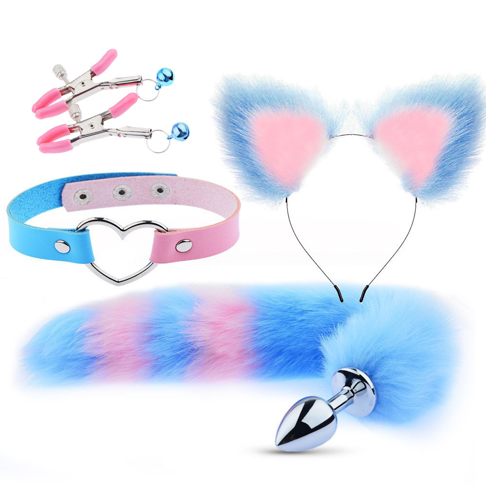 Set 4 Món, 5 Món Đuôi Cáo Cosplay Mèo Xanh Hồng Gồm: Tai Mèo, Vòng Cổ, Đuôi Mèo & Kẹp Chuông