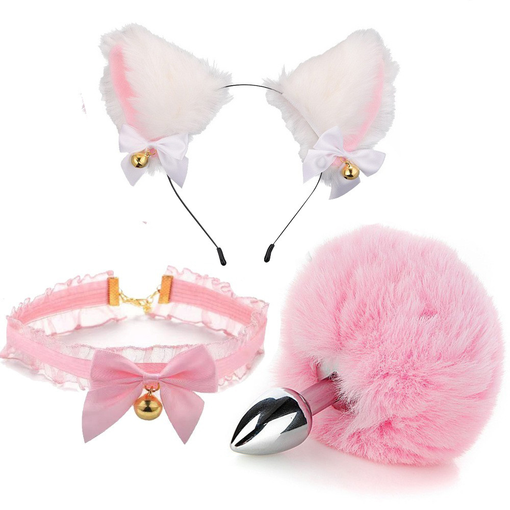 Đuôi Thỏ Cosplay Kèm Tai Mèo & Vòng Cổ Hồng Trắng